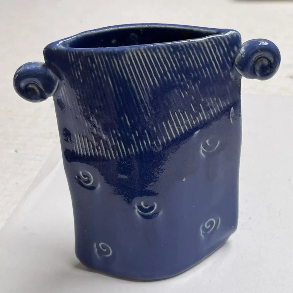 Ceramic Studio Pottery Blue Signed Vase Textured Decor Home Gift
